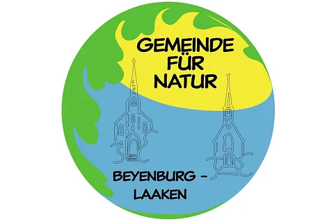 Rundes Logo für „Gemeinde für Natur, Beyenburg - Laaken“ mit Kirchtürmen.