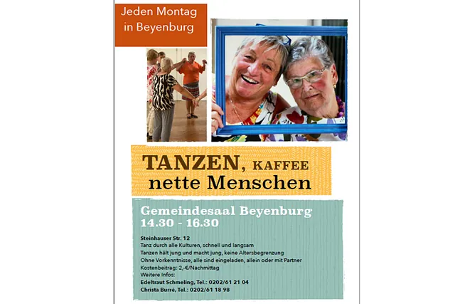 Flyer für eine Tanz- und Kaffeeveranstaltung für Senioren in Beyenburg.
