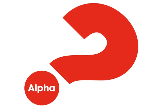 Alpha-Logo mit rotem Fragezeichen.