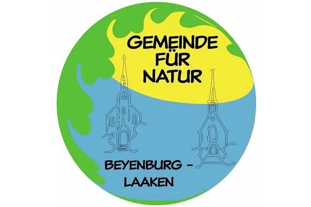 Rundes Logo für „Gemeinde für Natur, Beyenburg - Laaken“ mit Kirchtürmen.