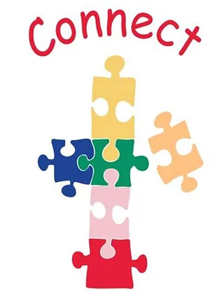Logo mit dem Wort „Connect“ über bunten Puzzleteilen, die ein Kreuz bilden.